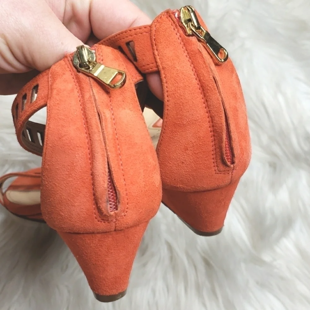 J.CREW Orange Suede Ankle Strap Zip Lillian Low Mini Wedge Sandals 6
